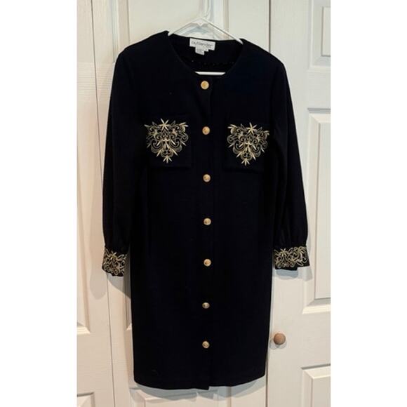 Vintage Outlander Black Gold Embroidered Knit Dress Button Front Career - Picture 2 of 8